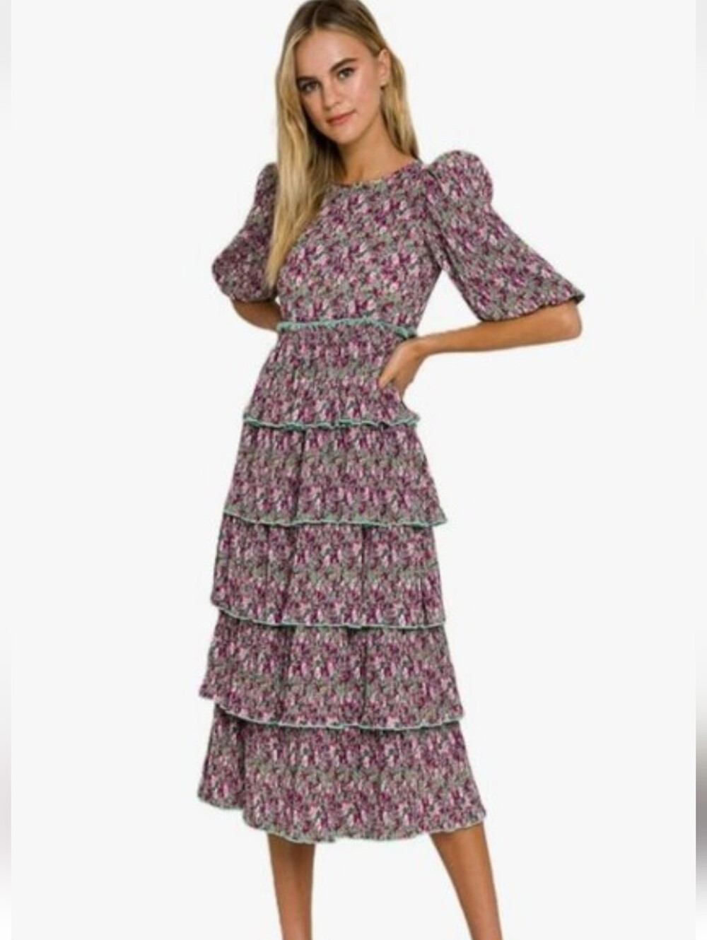 English Factory Tiered Ruffle Bishop Sleeve Rose Floral Maxi Dress Womens Size M